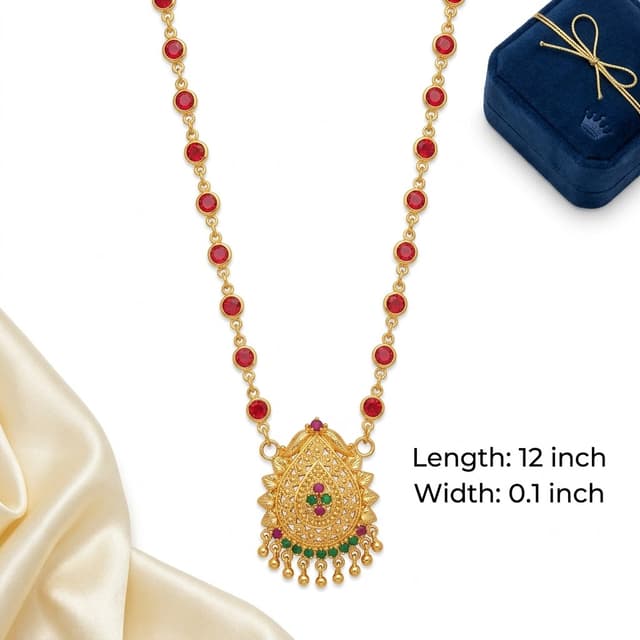 Ethnic Gold Plated Ruby Bead Chain with Teardrop Temple Necklace Chain With Pendant