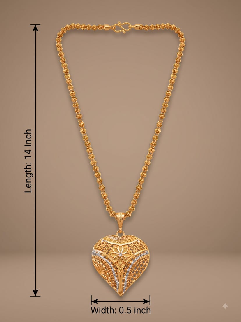 South Indian Traditional Gold Plated Long Chain with Floral Carved Filigree Heart Pendant Chain - Image 1
