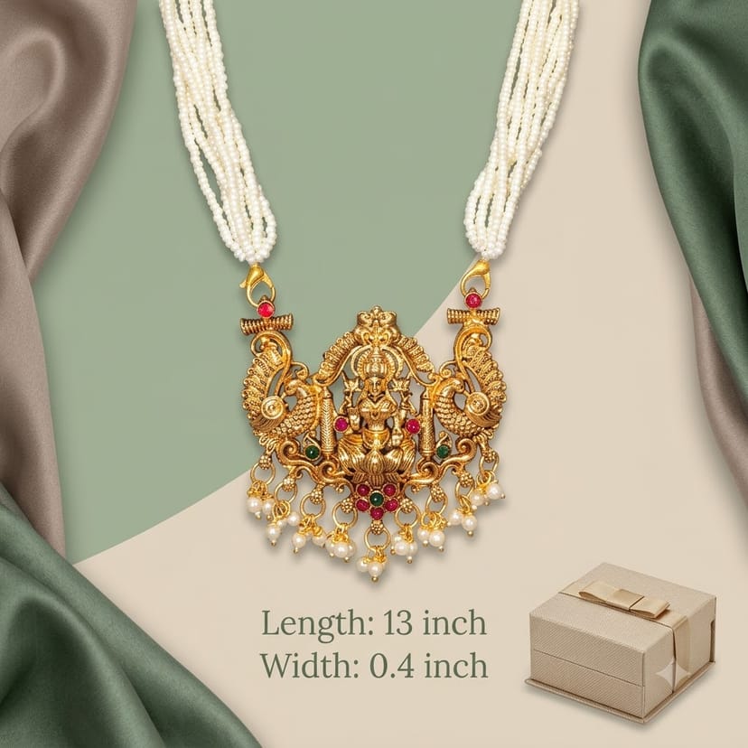 Temple Jewellery Pearl Mala Lakshmi Pendant Necklace Set for Festive & Wedding Wear Multi-Strand Pearl Gold Plated - Image 1