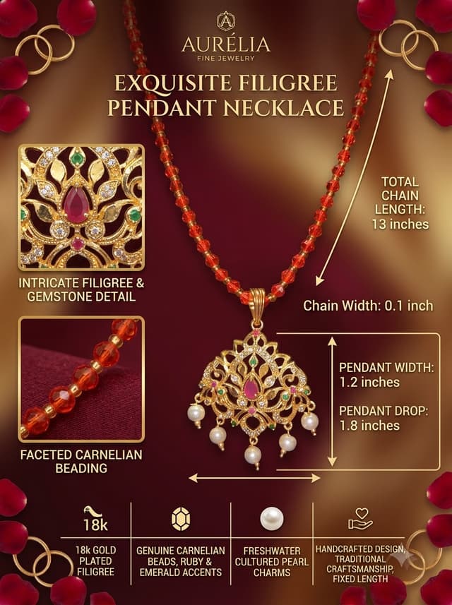 Traditional OrangeCrystal Beaded Necklace with Gold-Plated CZ & Pearl Drop Pendant