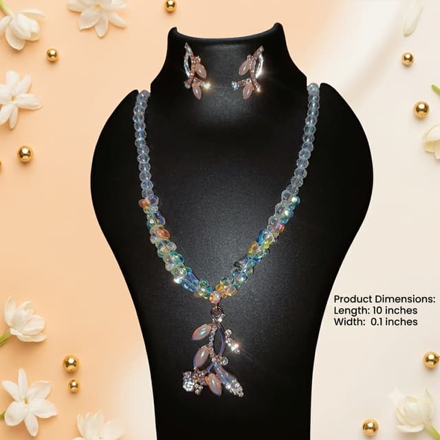 Modern Pastel Crystal Beaded Necklace Set with Rose Gold Floral Pendant & Earrings 1