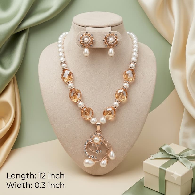 Royal Amber Crystal & Pearl Beaded Necklace Set with Floral Pendant & Matching Earrings