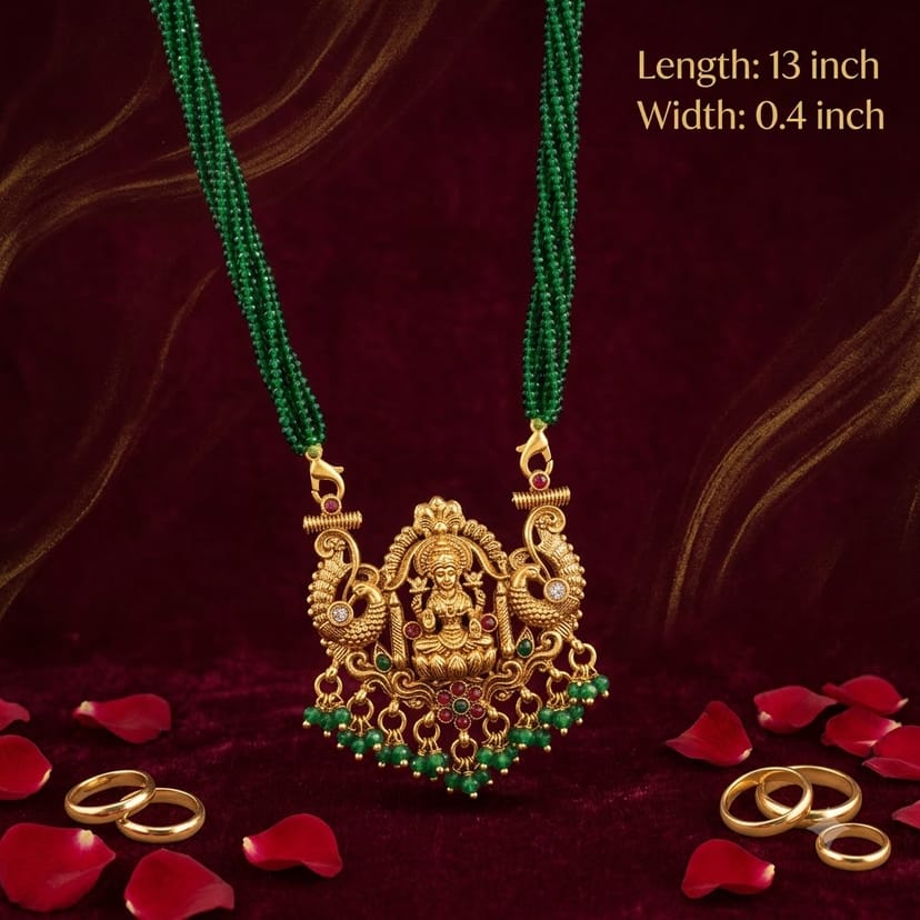 Traditional Goddess Lakshmi Multi-Strand Green Beaded Necklace Set with Antique Temple Pendant 1