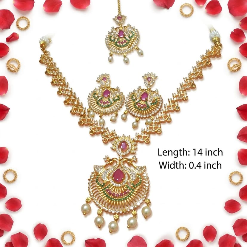 Royal Gold-Plated CZ & Ruby Green Stone Necklace Set with Maang Tikka and Earrings
